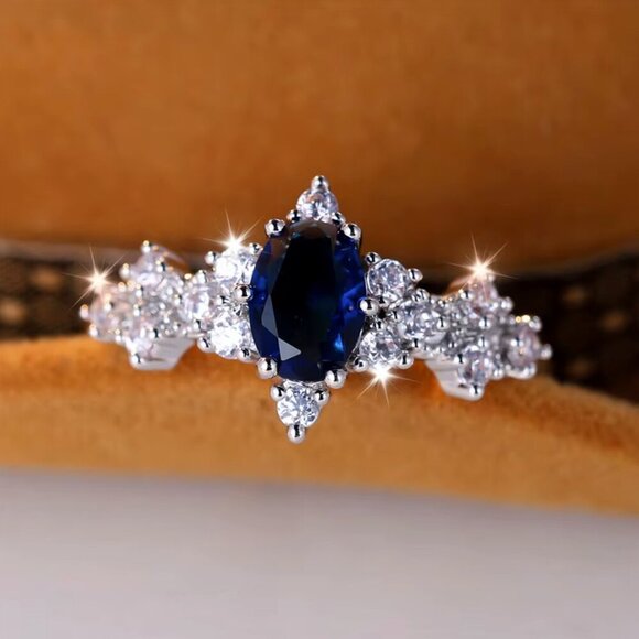 NEW 14K White Gold Blue Sapphire Marquise Cut Diamond Ring - Picture 3 of 6